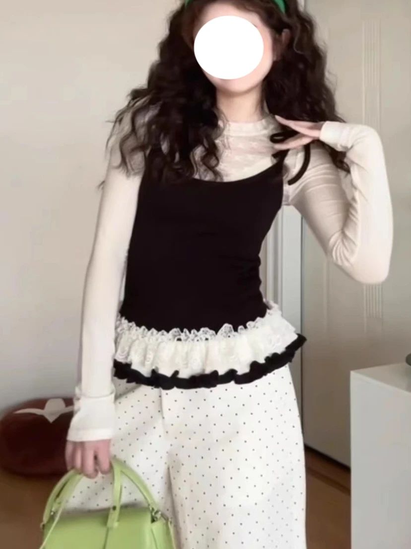 Korean Sle Girl's Lace Hem Fake Two-Piece T-irt Women's Slimming Inner Wear Top Design Sensation Autumn Winter Faion