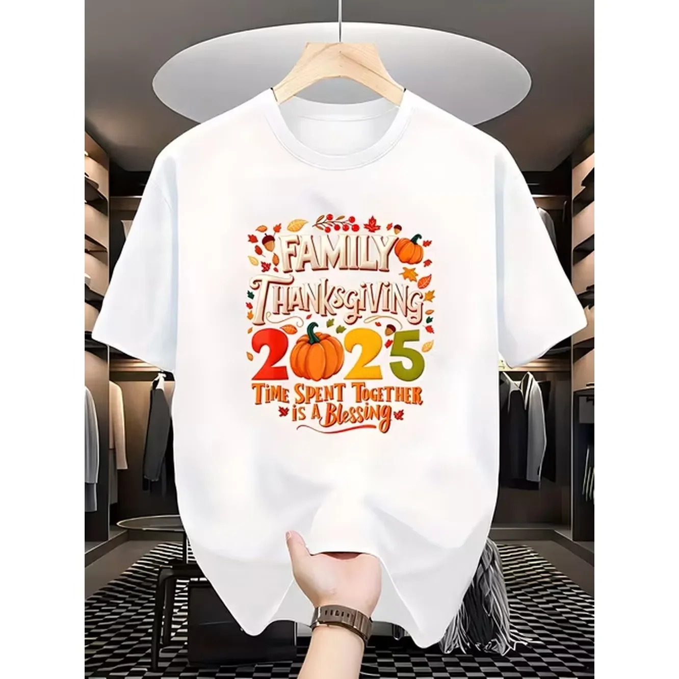 Mens T Shirt White Pure Cotton Round Neck Top With Family Thanksgiving Anime Slogan Print Comfortable Regular Style Fashionable Breathable Sports And Leisure Street Style Party And Event Travel Date Beach Vacation Daily Wear Machine Washable Suitable For