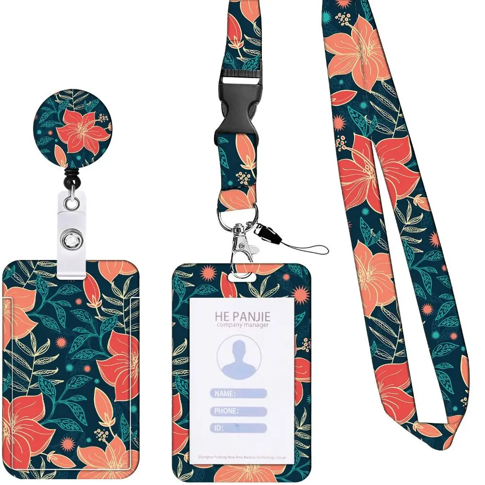 360 Degree Rotatable Working Cards Holder Necklace Strap 5 Colors Flower Print Badge Holder Vertical Flower