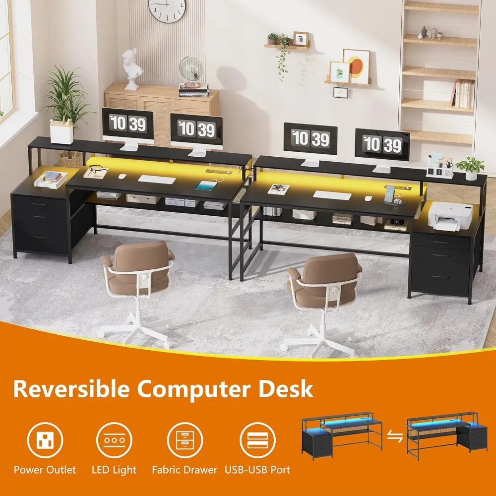 66" Computer Desk with LED Lights & Power Outlets, Home Office Desk with 3 Drawers & Storage Shelf, Gaming Desk