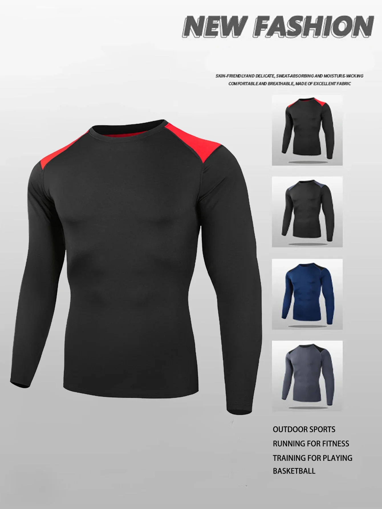 تي شيرت رجالي ضيق للجري، كتلة ألوان مضغوطة بأكمام طويلة، قميص رياضي سريع الجفاف، مناسب لتدريب الماراثون