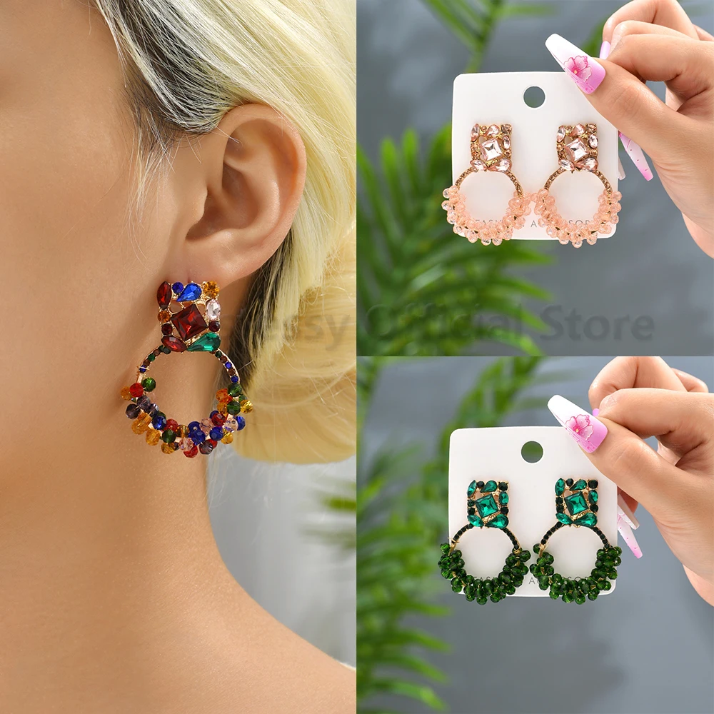 

Vintage Colorful Rhinestone Beaded Decor Drop Earrings For Women Bohemian Geometric Round Popular Jewelry Wholesale Brincos Gift