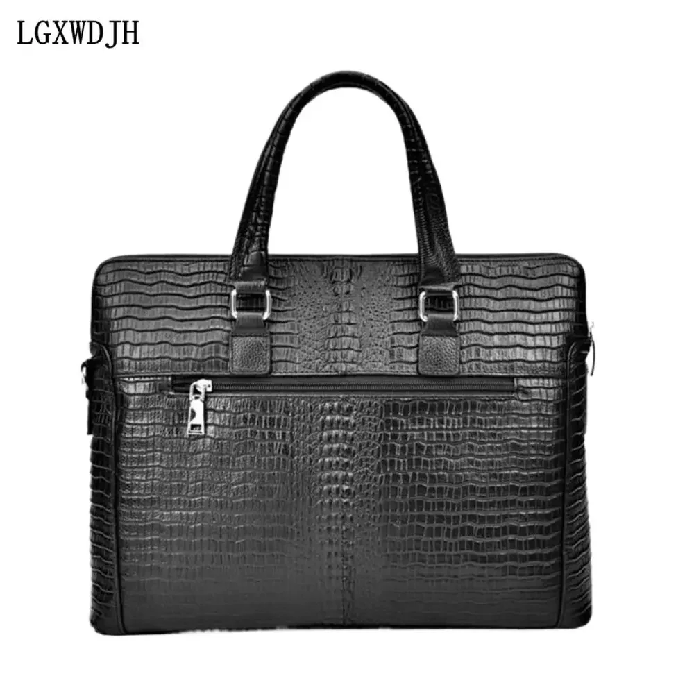 Bolsa masculina inteligente com desbloqueio por impressão digital, bolsa de couro em relevo de crocodilo, pasta de negócios de primeira camada,