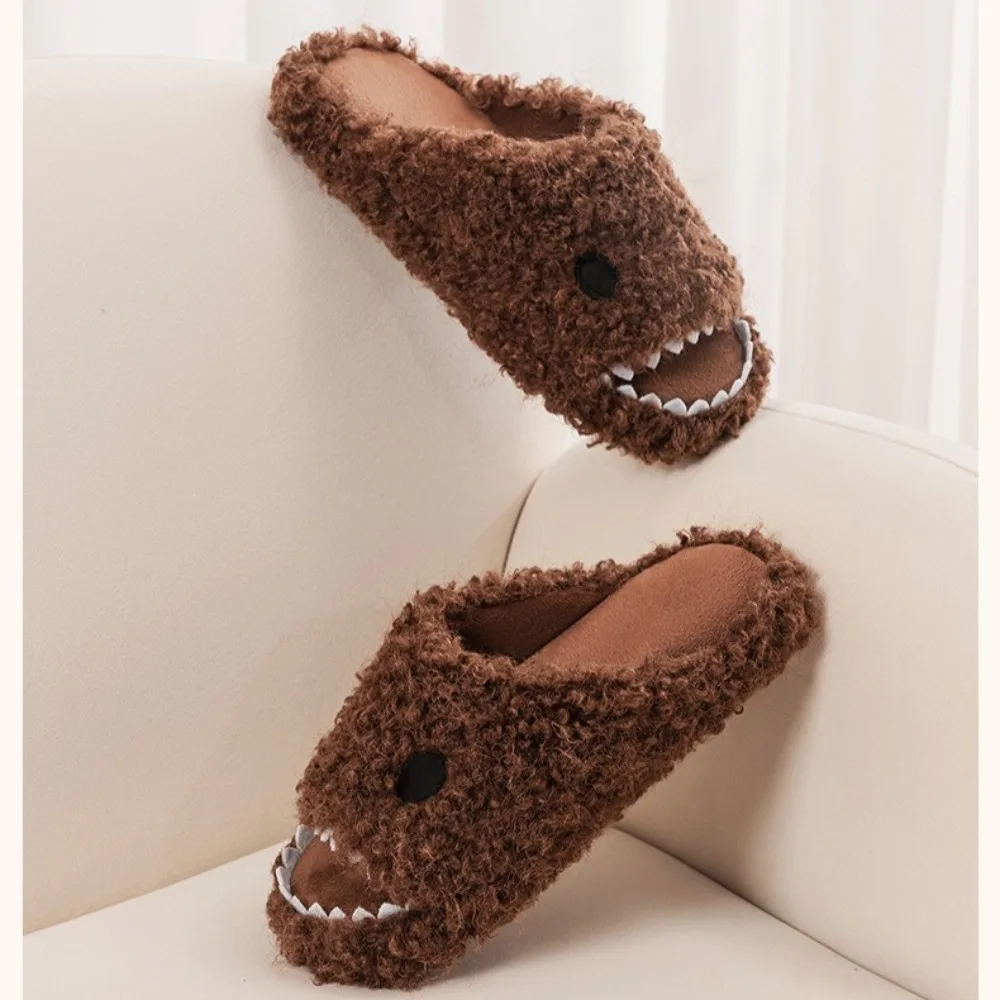 

New Arrival Winter Indoor Women's Cotton Slippers with Latex Cute Shark Design Curled Wool Fleece Curly Plush Warm Slippers