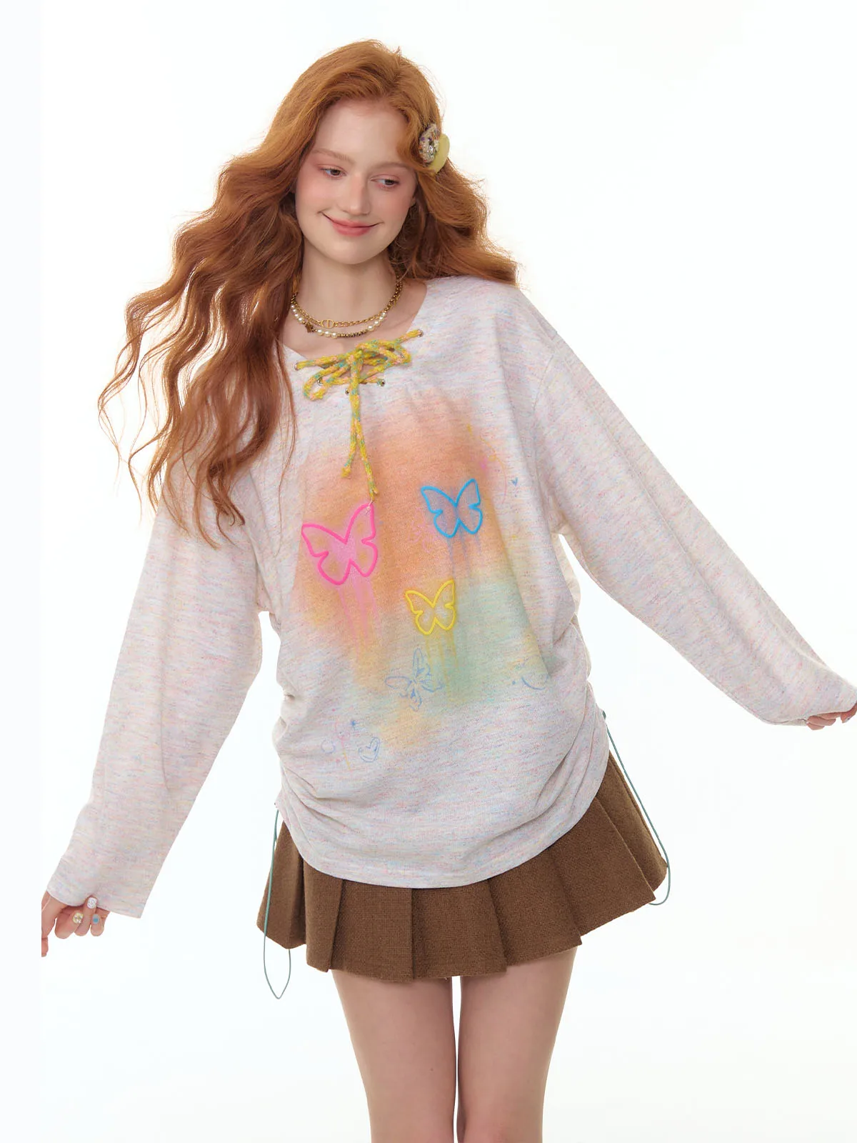 

ZiziFei Autumn Winter ay Print V-ne Long Sve T-irt Women's Dstring Flower Knot American Design Top