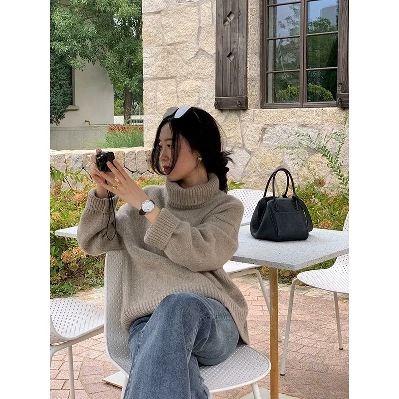 2023 autumn and winter new turtleneck 100% cashmere sweater women thickened loose pullover European knitted bottom sweater