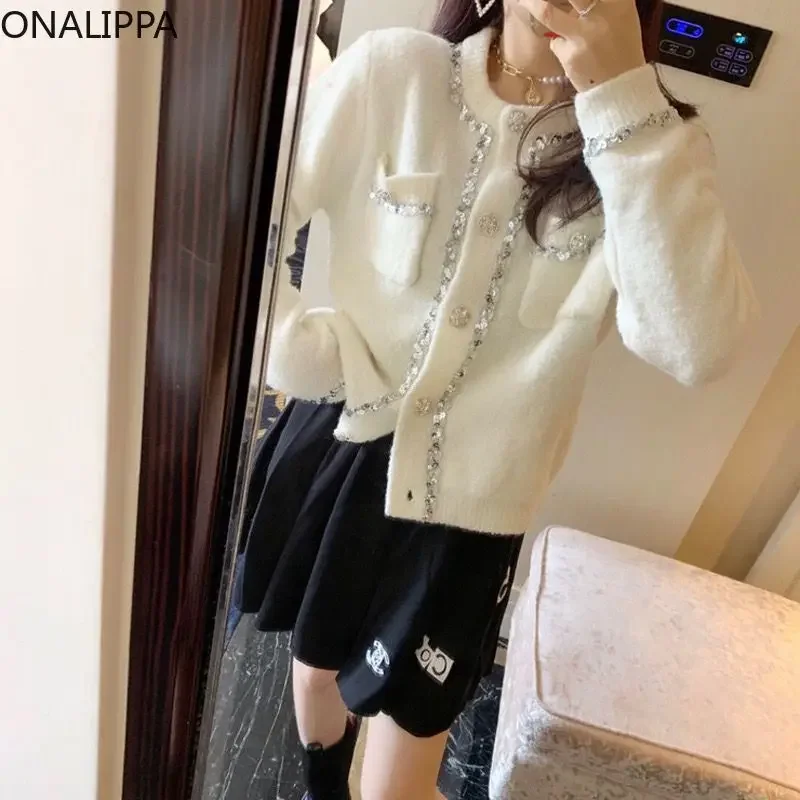 Onalippa Sequined Beaded White Cardigan Chic Design Small Fragrance Solid Knitted Cardigans Korean Fashion Sweet Sweaters