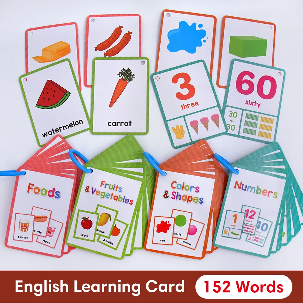 Colors & Shapes Fruits & Vegetable Foods Numbers 4 Themes English Words Learning Cards for Kids Memory Educational Flashcards