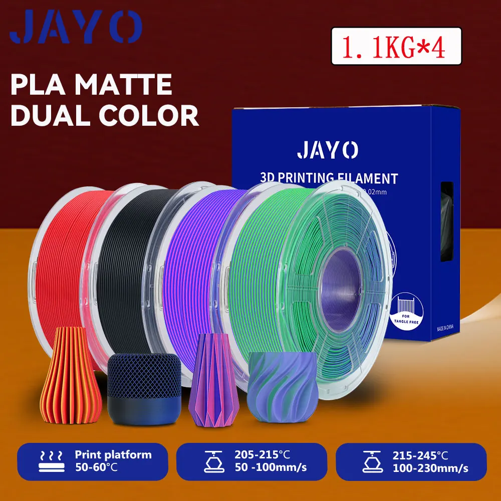 JAYO PLA Matte 3D-filament 1,75 mm 4 rollen / set Dual Color PLA Matter Effect 3D-printerfilament 2 in 1 kleur 3D-printmaterialen