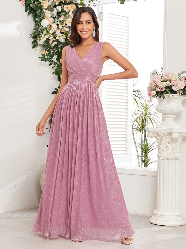 

2024 New Pleated Shiny DoubleVLarge CollarASwing Party Evening Short Sleeve Back Zipper Full Lining Prom Maxi Dress