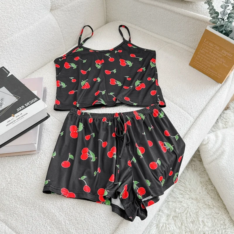 2Pcs/SET Women Casual Pajama Ladies Sexy Sleepwear Print Round Neck Top T-Shirt and Shorts Sets Breathable Comfortable Home Wear 5
