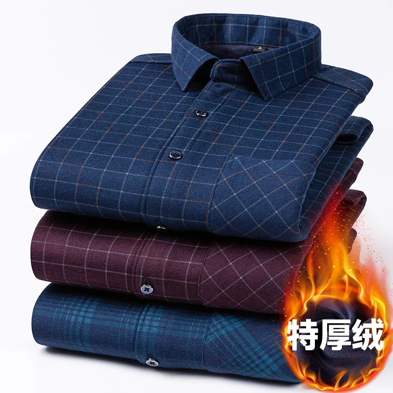 2023 new autumn and winter men\'s velvet thickened long-sleeved warm shirt oversized stretch plaid business casual no-iron shirt