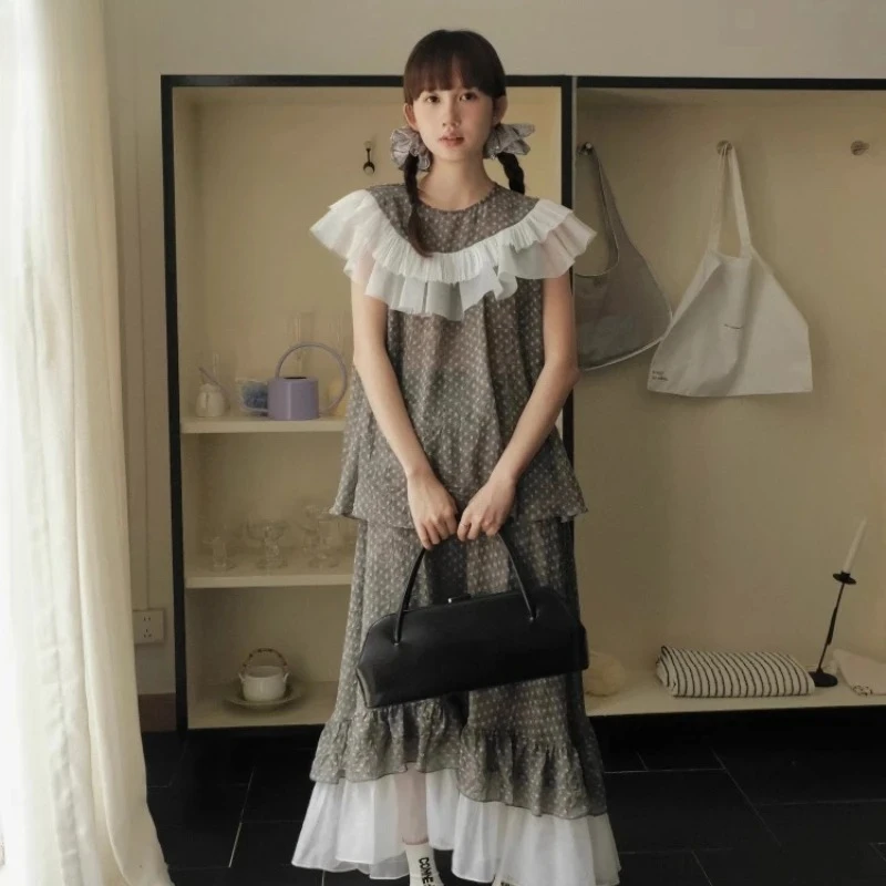 New Vintage Women Gray Polka‑Dot 2‑Pcs Outfit Set, Ruched Layered Lace‑Splicing Flutter‑Sleeve Top with Sweet Cute Long Skirt