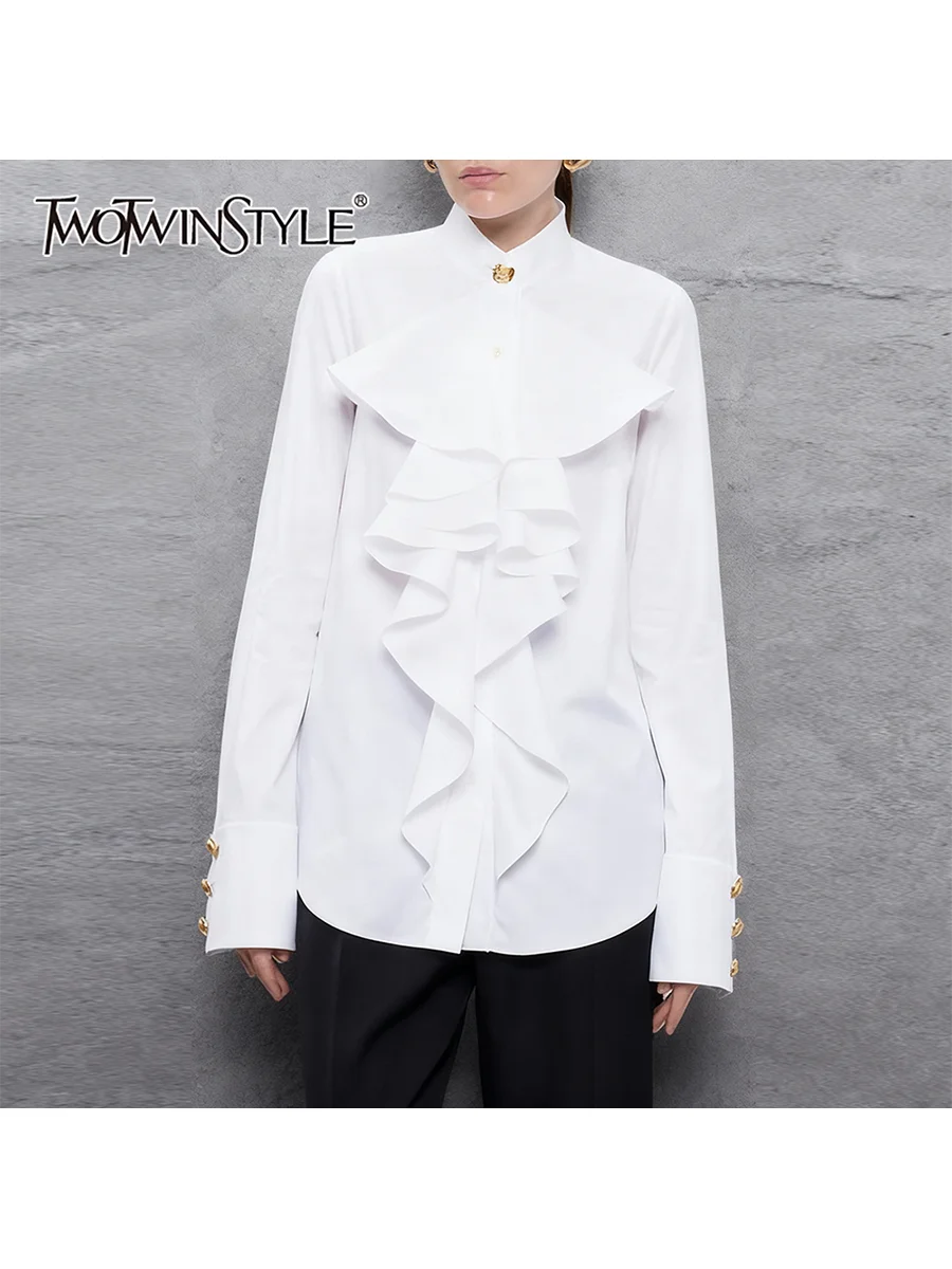 TWOTWINSTYLE Solide Gespleißt Pilz Falten Mode Shirts für Frauen Rundhals Lange Ärmel Patchwork Einreiher Hemd Weibliche