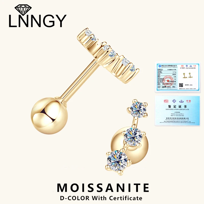 

Lnngy 10K Yellow Gold Piercing Earrings Certified Three Stone Moissanite Earring With Certificate For Women Trendy Jewelry Gift