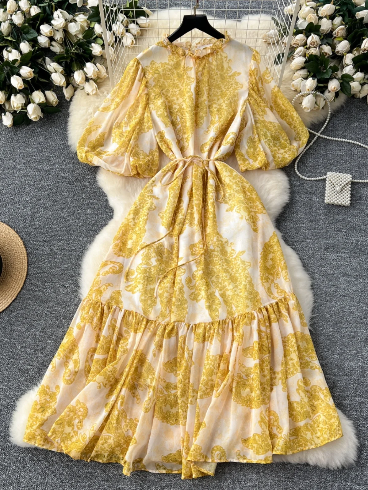 레트로 플로럴 프린트 여성 미디 드레스 라운드 넥 슬림 버블 슬리브 헴드 쉬폰 스커트 하이 웨이스트 A라인 한국 스타일