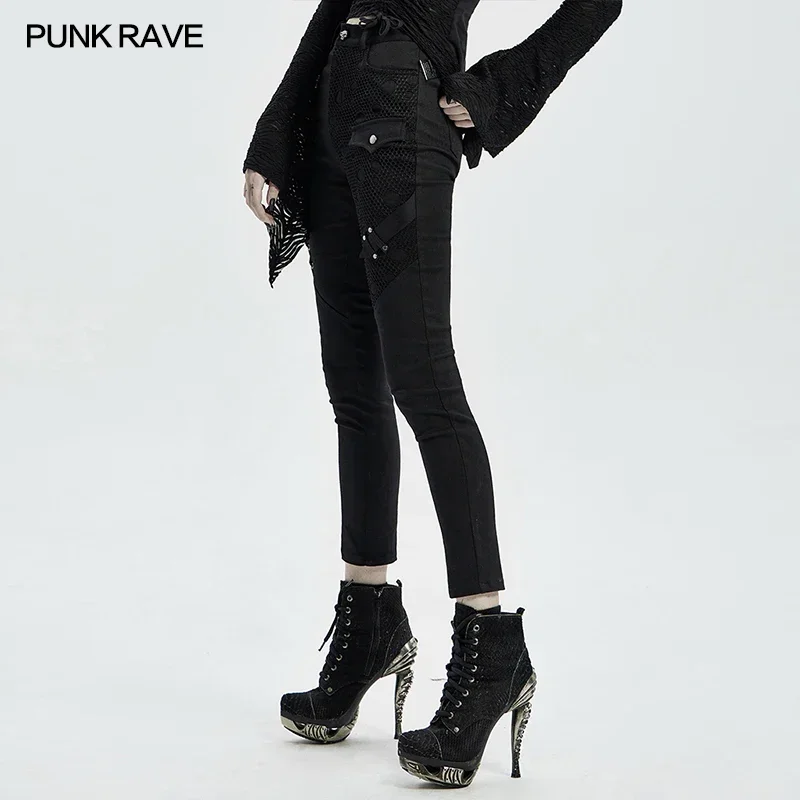 PUNK RAVE Women\'s Punk Daily Dark Denim Trousers Gothic Stitching Printed Skinny Pants Eyelet Through Rope and Zipper Design