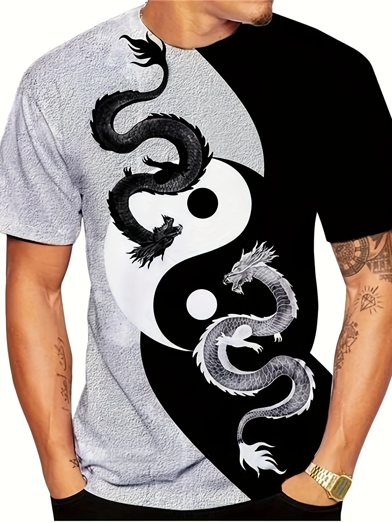 Men’s T-Shirt Taiji Dragons Graphic 3D Print Short Sleeve Crew Neck Casual Pullover Outdoor Streetwear Sport Oversized Clothing