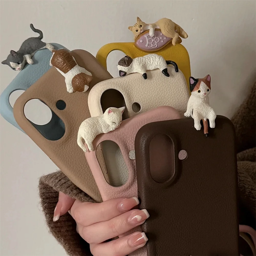 Cute 3D Cartoon Lying Cat Fish Lychee Pattern Leather Phone Case For iPhone 16 Pro 15 13 12 11 Pro Max 14 Plus Lovely Soft Cover