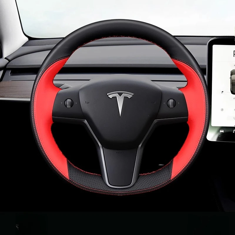 

Hand-stitched black white Genuine Leather car steering wheel cover 100% Fit For Tesla Model Y/3 2017-2020 Auto Parts
