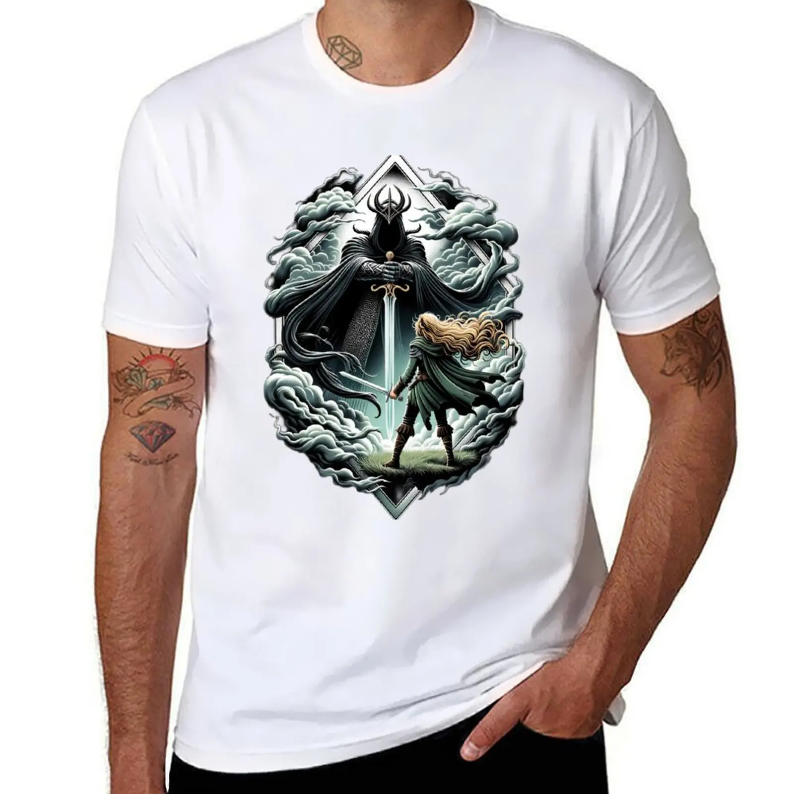 Epic Duel-Una doncella feroz y un Wraith oscuro-Camiseta de fantasía, Camiseta de algodón, camiseta esencial para hombre
