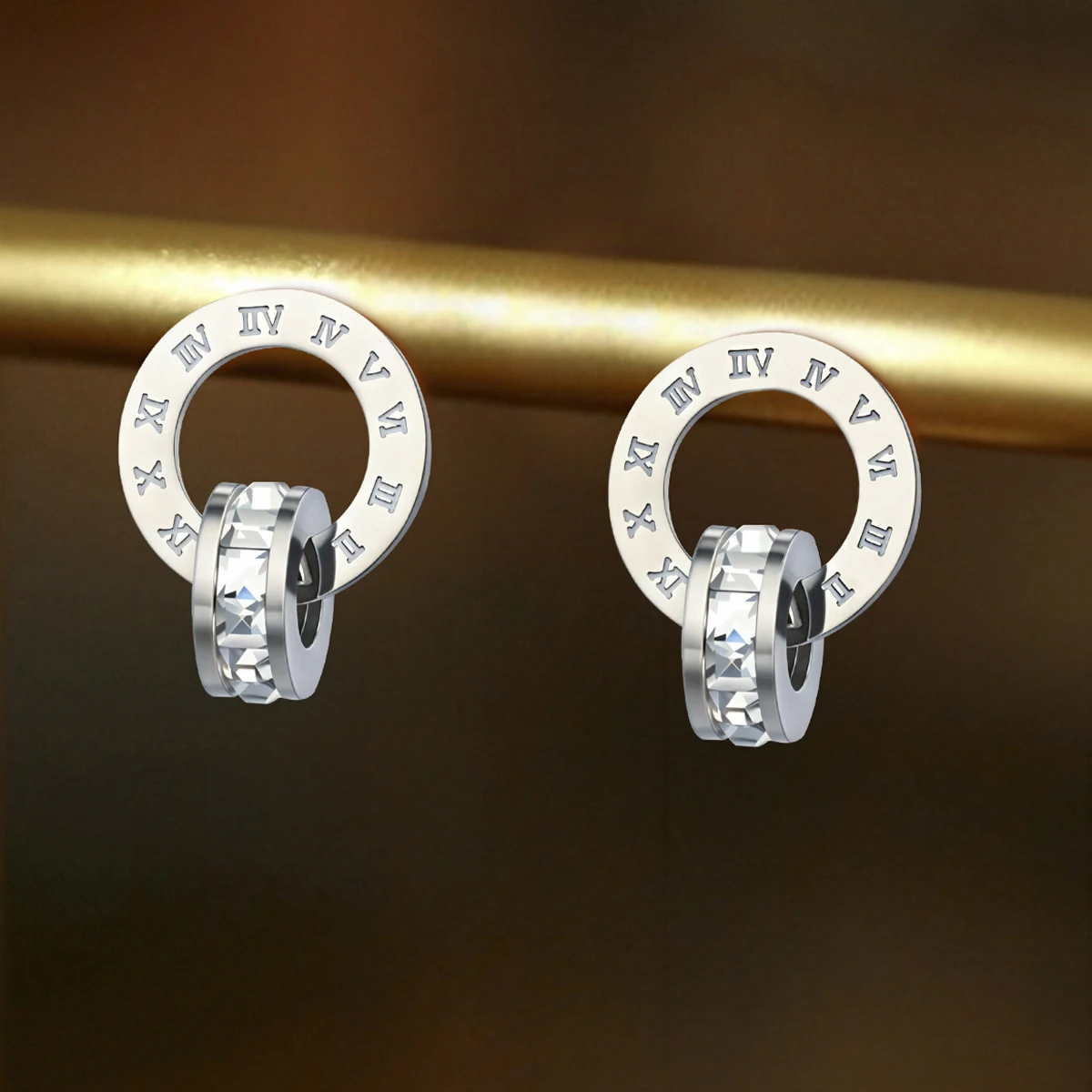 2pcs High Quality Stainless Steel Roman Numeral Zircon Earrings Silver Color Luxury Earring Women's Fashion Elegant Accessories