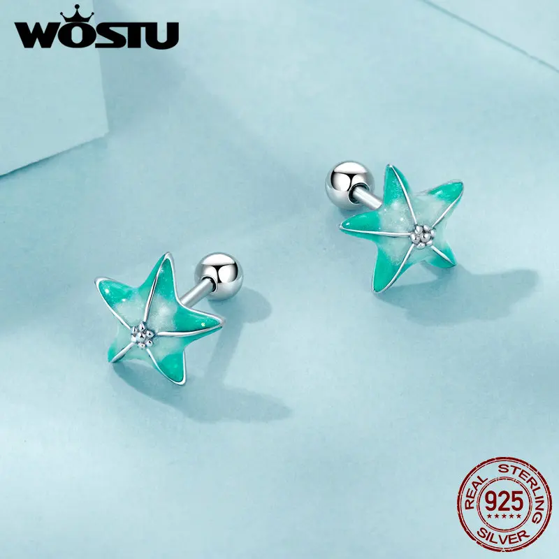 WOSTU 925 Sterling Silver Mini Blue Green Starfish Stud Earrings For Women Ocean Jewelry Studs Earring Girl Birthday Party Gift