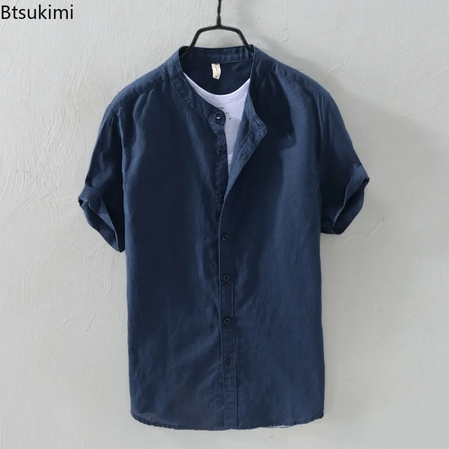 Summer Short Sleeve Shirts Men's Comfortable Cotton Linen Cool Breathable Casual Shirt Stand Collar Simple Beach Cardigan Shirts