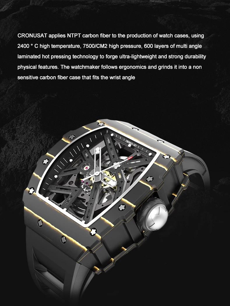 CRONUSART Men Automatic Watch Luxury Tonneau Mechanical Wristwatch Carbon Fibre Case Luminous Fluororubber Strap Skeleton Dial image 3
