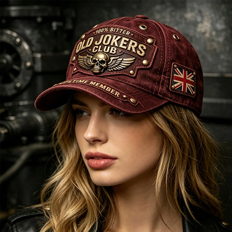 Custom OldJokers Club Vintage British Flag & Skull Wing Trucker Hat - Distressed Burgundy Washed Snapback Cap with Adjustable Cu