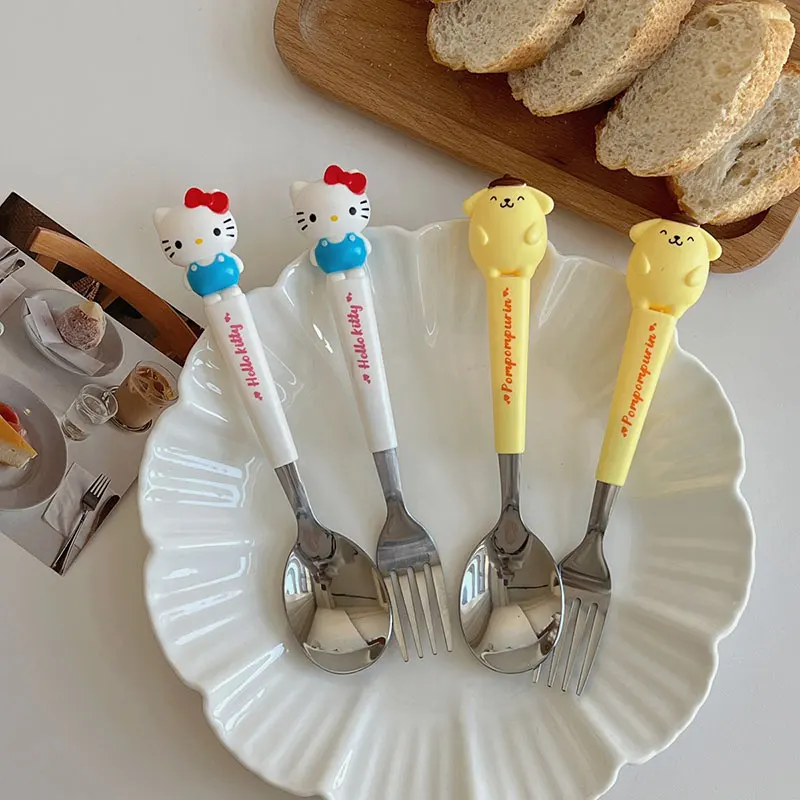 Kawaii Sanrio Cinnamoroll Tableware Set Hello Kitty Kuromi Silicone Handle Fork Spoon Tableware Two-Piece Set For Children Gift