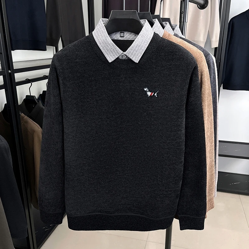 بسيطة أزياء الرجال محبوك سترة التلبيب الكلب التطريز رشاقته البلوز الأعمال البريطانية الكلاسيكية الدافئة عالية الجودة ملابس رجالية #6