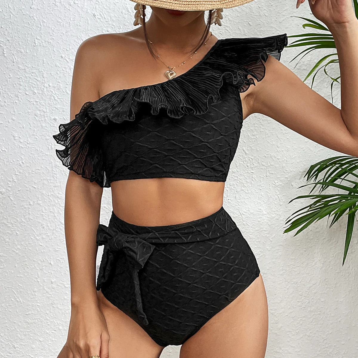 2024 New Sexy High Waist Ruffled Bikini Set Flounce Swimwear Women Swimsuit Solid Strappy Beachwear V-neck Bathing Suit Biquini