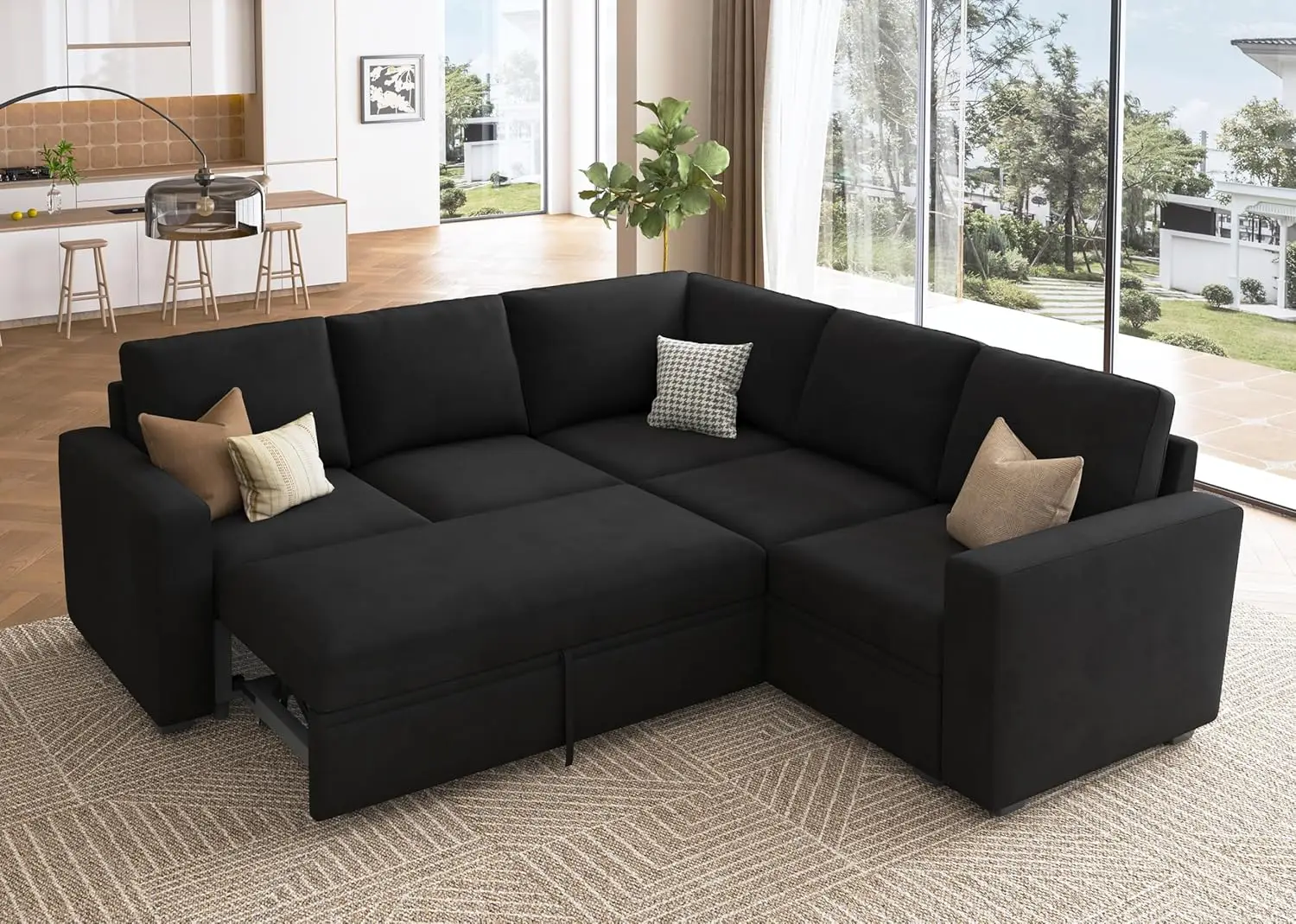 

Modular Sectional Sleeper Sofa with Pull out Bed,Velvet L Shaped Sectional Couch with Storage Seat,Convertible Sectional Couches