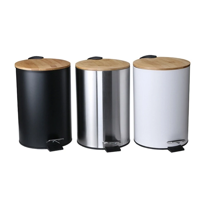 Small Bamboos Cover Metal Softly Close Pedal Bathroom Trash Can for Kitchen Hotel Home Office 7L Trash Can with Lid