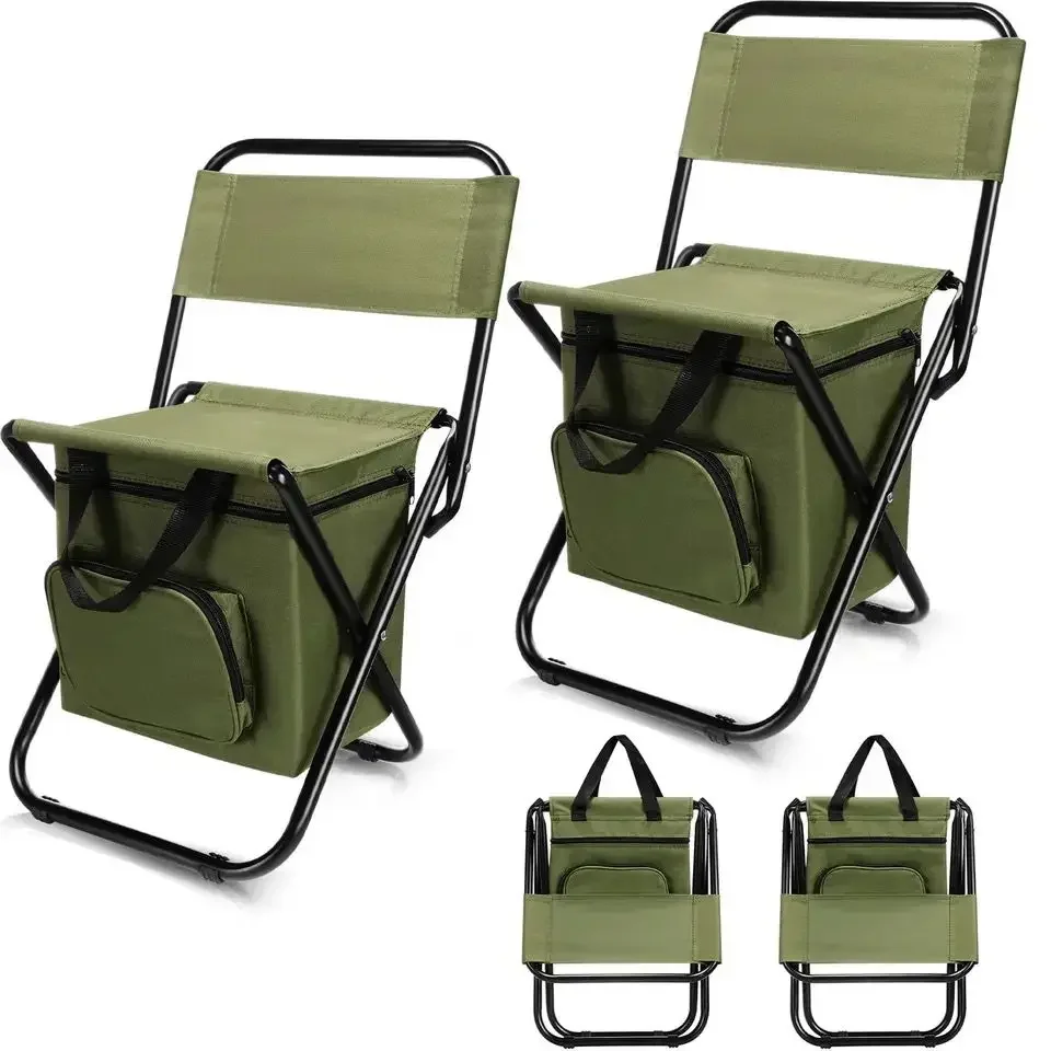 2Pcs Foldable Fishing Chair with Cooler Bag Portable Backrest Lightweight Outdoor Folding Chair