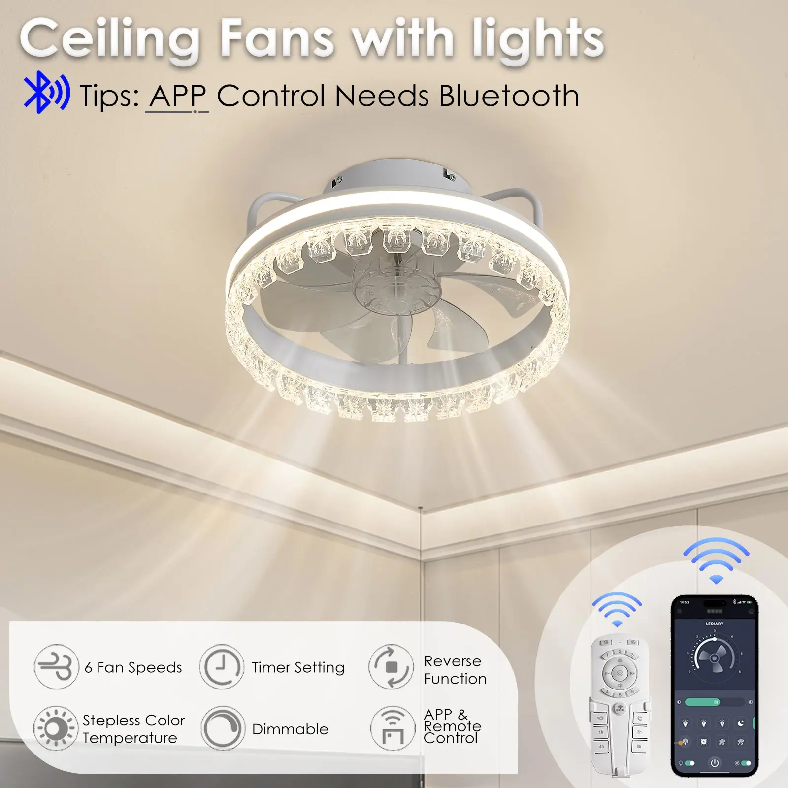 Ceiling Fan with Light for Bedroom Kitchen Room Dimmable LED Light Flush Mount Ceiling Fan with Remote, Low Profile Ceiling Fan