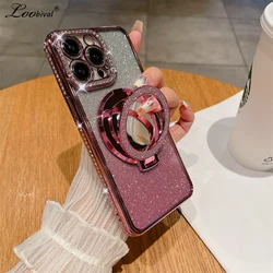 for Magsafe Glitter Bracket Soft Case for Samsung Galaxy S24 Ultra S23 S22 Plus Gradient Mirror Make Up Ring Holder Stand Cover