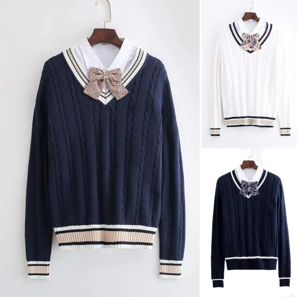 Unisex Uniform Sweater V-Neck Long Sleeve Couples School Uniforms Loose Fit Twist Texture Preppy Style Knitting Tops