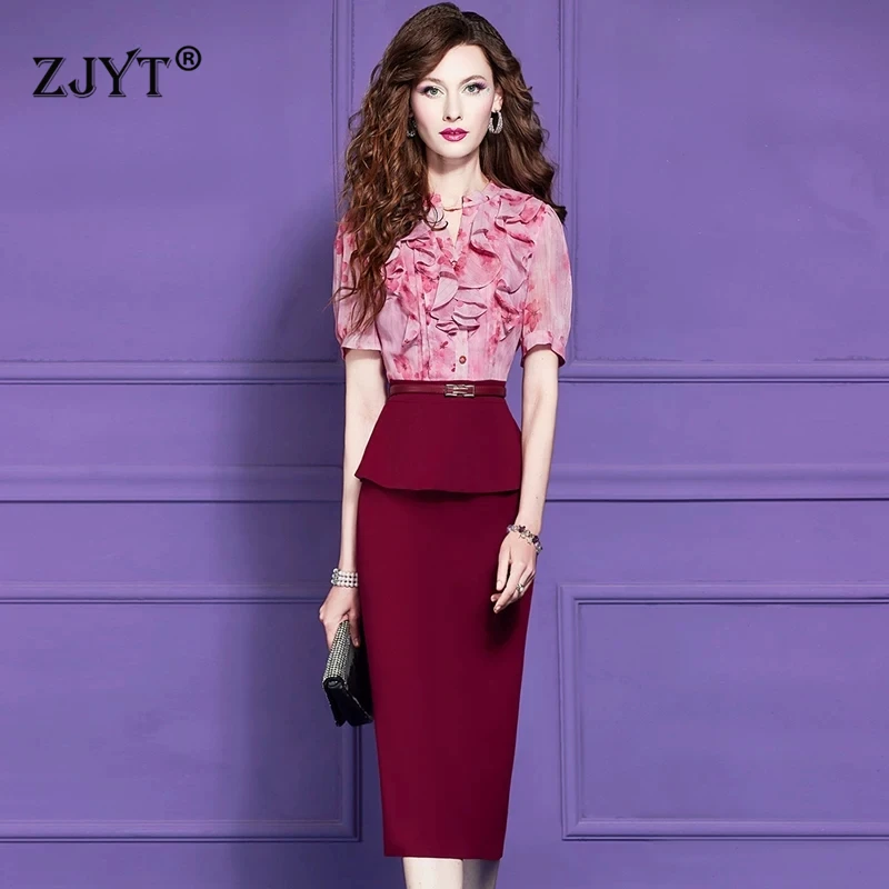 

ZJYT Elegant Summer Party Dresses for Woman 2026 Print Patchwork One Piece Pencil Dress Red Female Clothing Office Work Wear 3XL