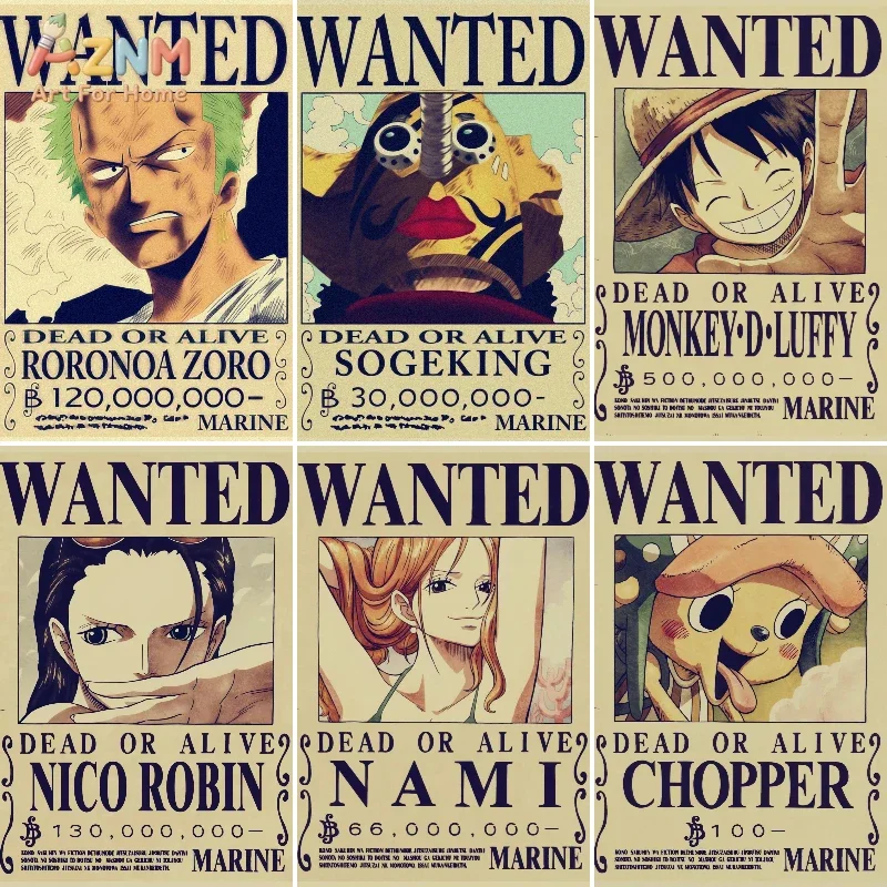 AZNM One Piece Straw Hat Crew Wanted Poster Frameless Canvas Wall Art, Vintage Anime Pirate Bounty Home Decor Painting