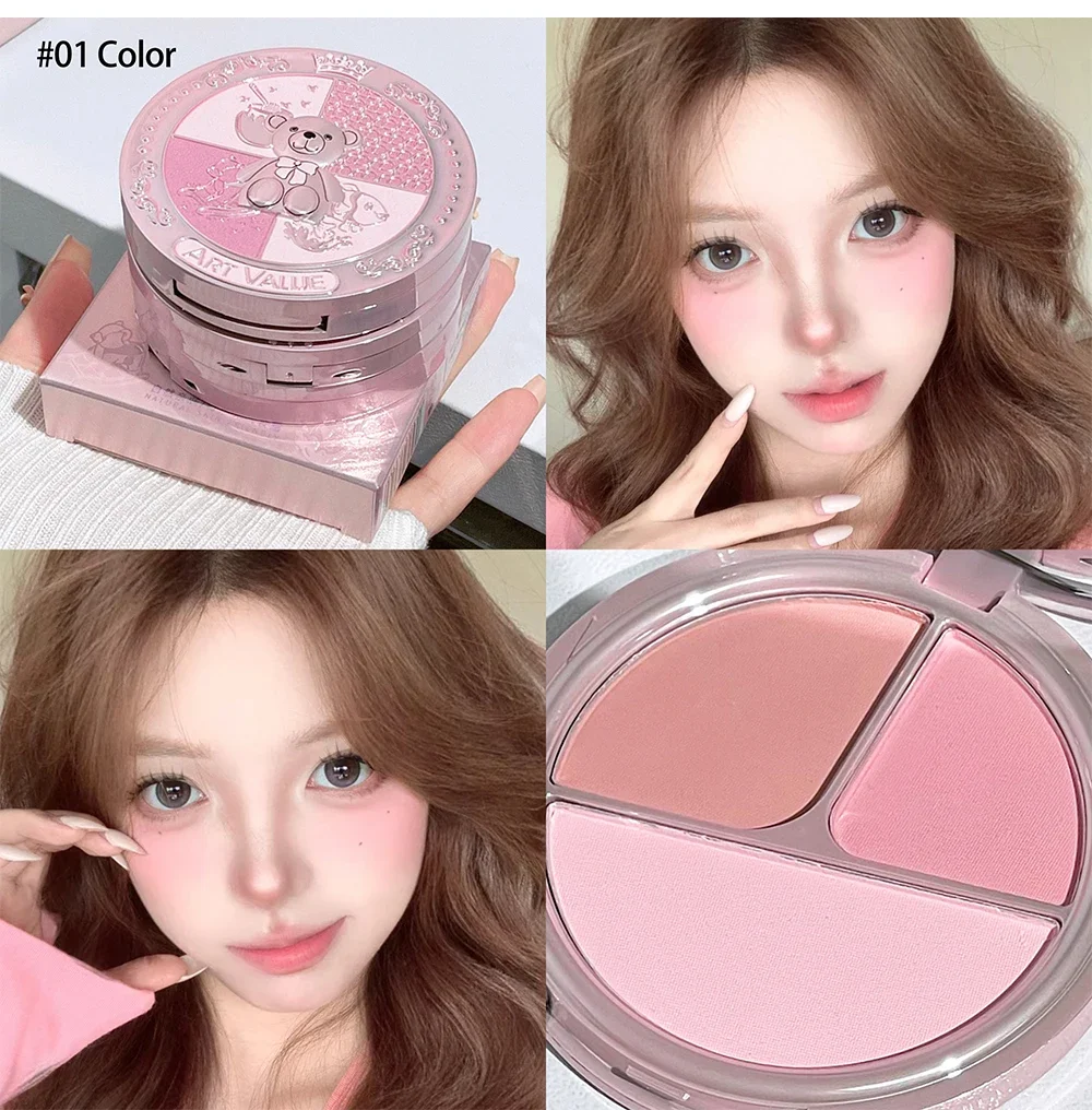 قيمة الفن الجديدة الدب فارس ثلاثة ألوان مسحوق أحمر الخدود لوحة روج تقارب اللون المبتدئ الوجه مسحوق أحمر الخدود ماكياج #1