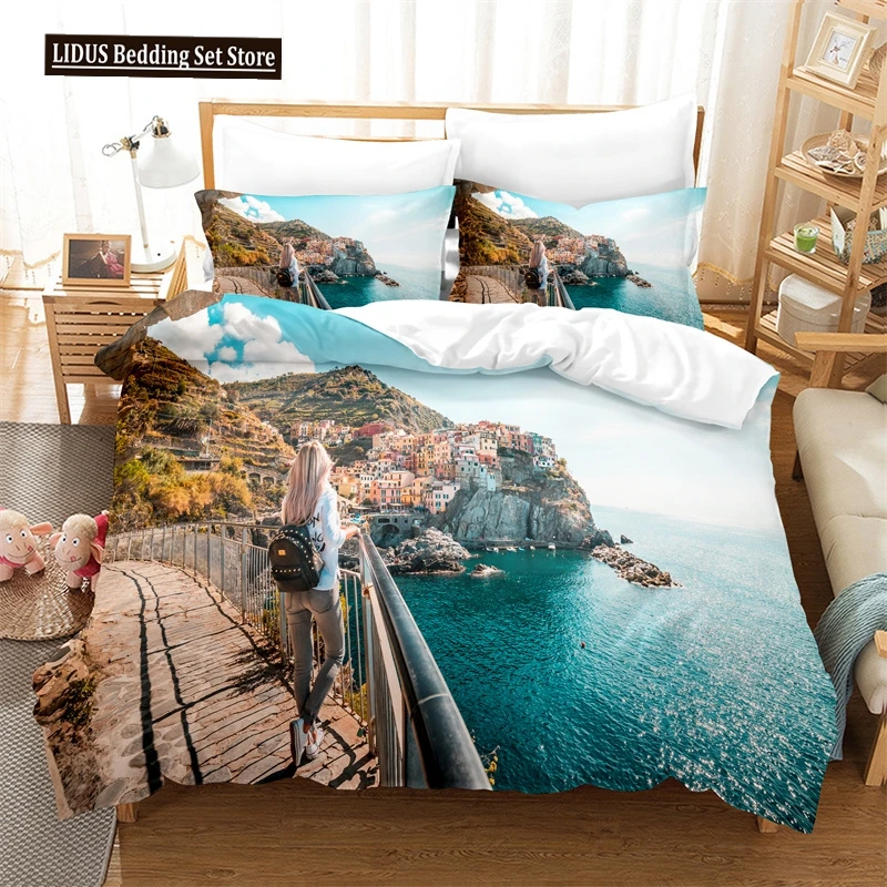 

Beautiful Coastline City Duvet Cover Set 3d Digital Printing Sea Landscape Bed Linen Queen Polyester Bedding Set Fashion Design