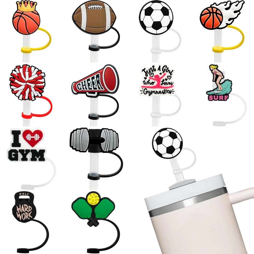 1/12PCS Sports Style Silicone Straw Topper,8mm Football Straw Cover Basketball Rugby Drinkware Plug,Dust Splash Proof Straw Cap