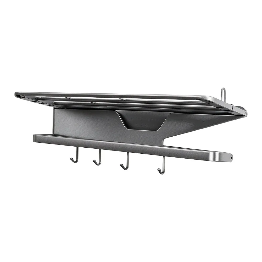Space Saving Foldable Towel Rack for Bathroom - Tool Free Mounting - 20cm Extended Depth - Gray Carbon Steel Shelf