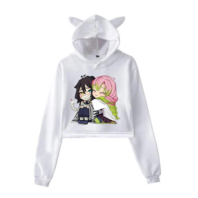 Funny Kanroji Mitsuri Iguro Obanai Cartoon Hoodie Fashion Women Girls Cat Ears Cropped Hoodie Female Casual Long Sleeve Pullover