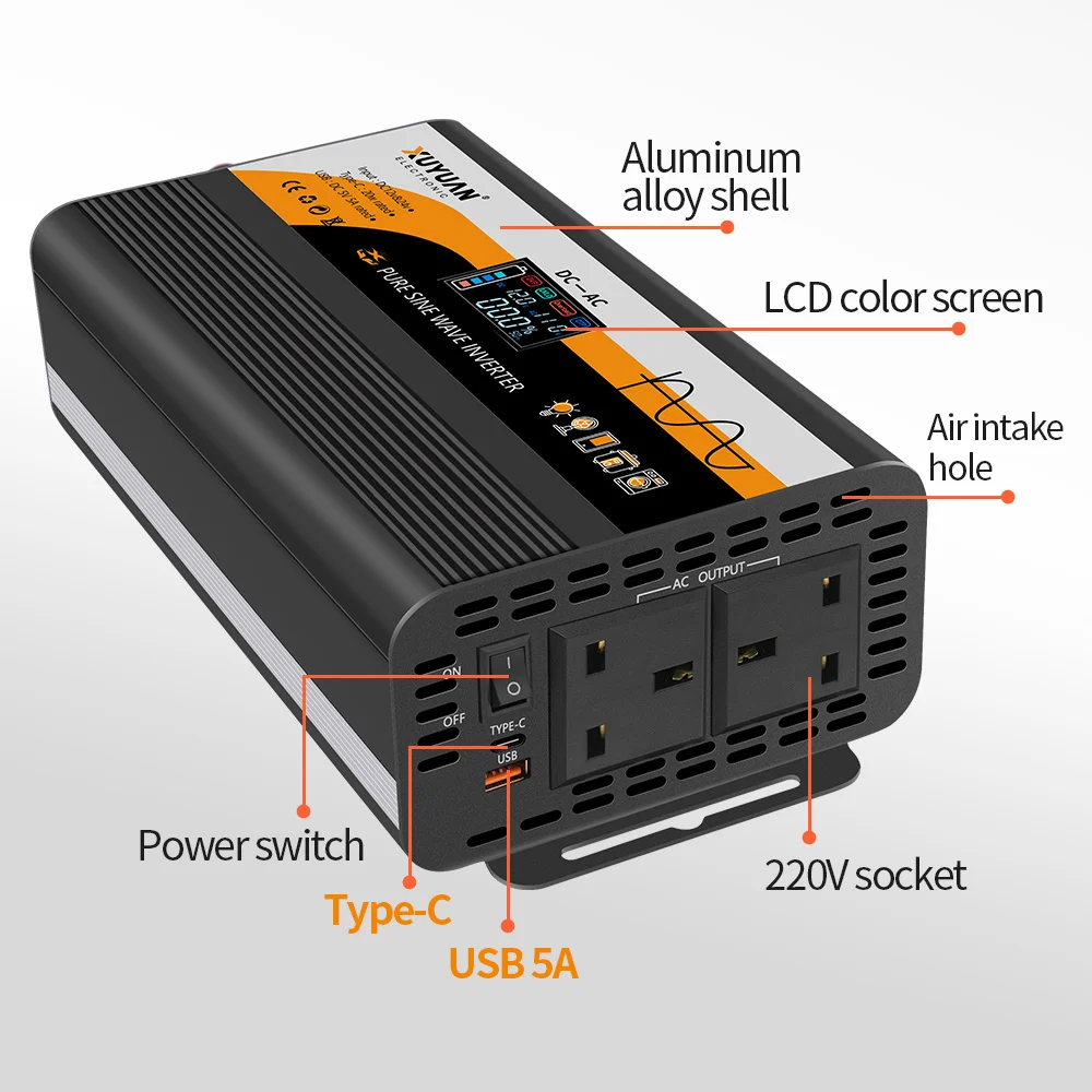 3kW XUYUAN العاكس 12V24V إلى 220 فولت محول موجة جيبية نقية يخت/سيارة السفر عاكس الطاقة 50 هرتز 2KW/1400 واط/800 واط المعيار البريطاني