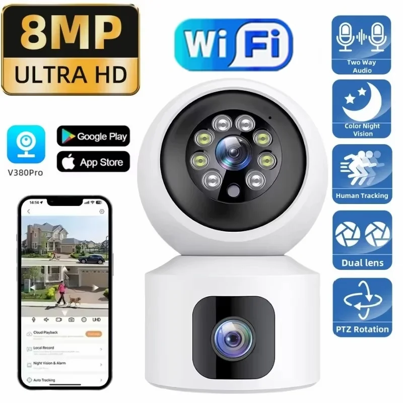 casa wifi panorama camera ip lente dupla vigilancia rastreamento automatico cctv cor visao noturna monitor do bebe interior ptz camera inteligente 8mp 01