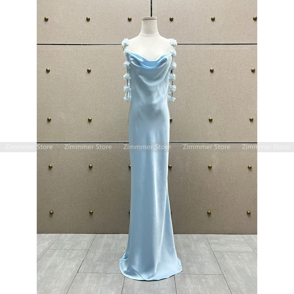 

French Elegant Floral Straps Dresses Women High Sexy Waisted Satin Slim Gowns Long Dresses