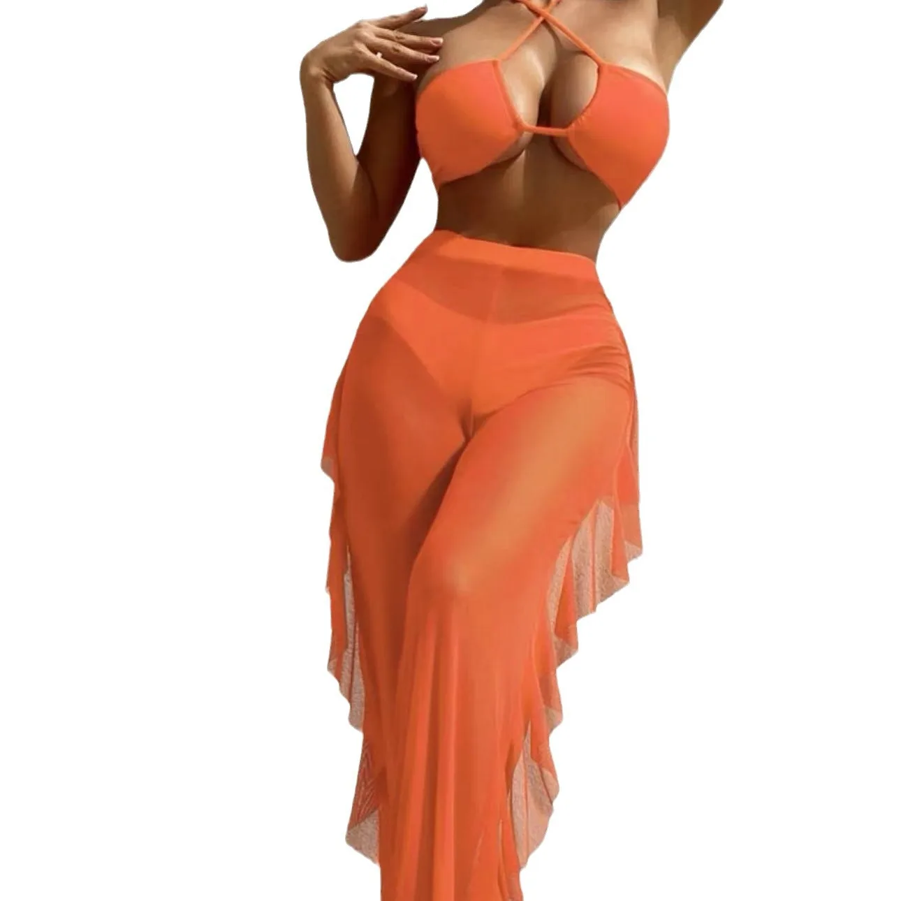 2025 جديد بيكيني ثلاث قطع السراويل الغزل بلون بيكيني زي سباحة من قطعتين مثير عالية الخصر